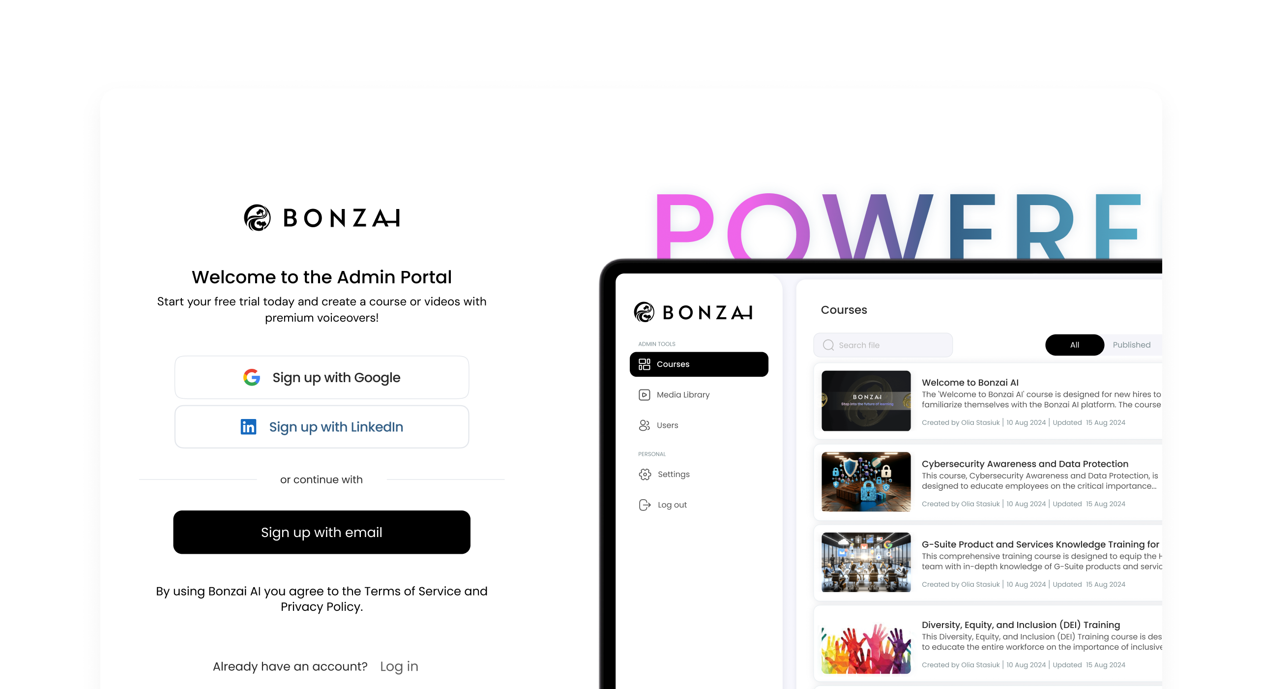 BonzaiAI course creation flow: sign-in screen next to the admin portal