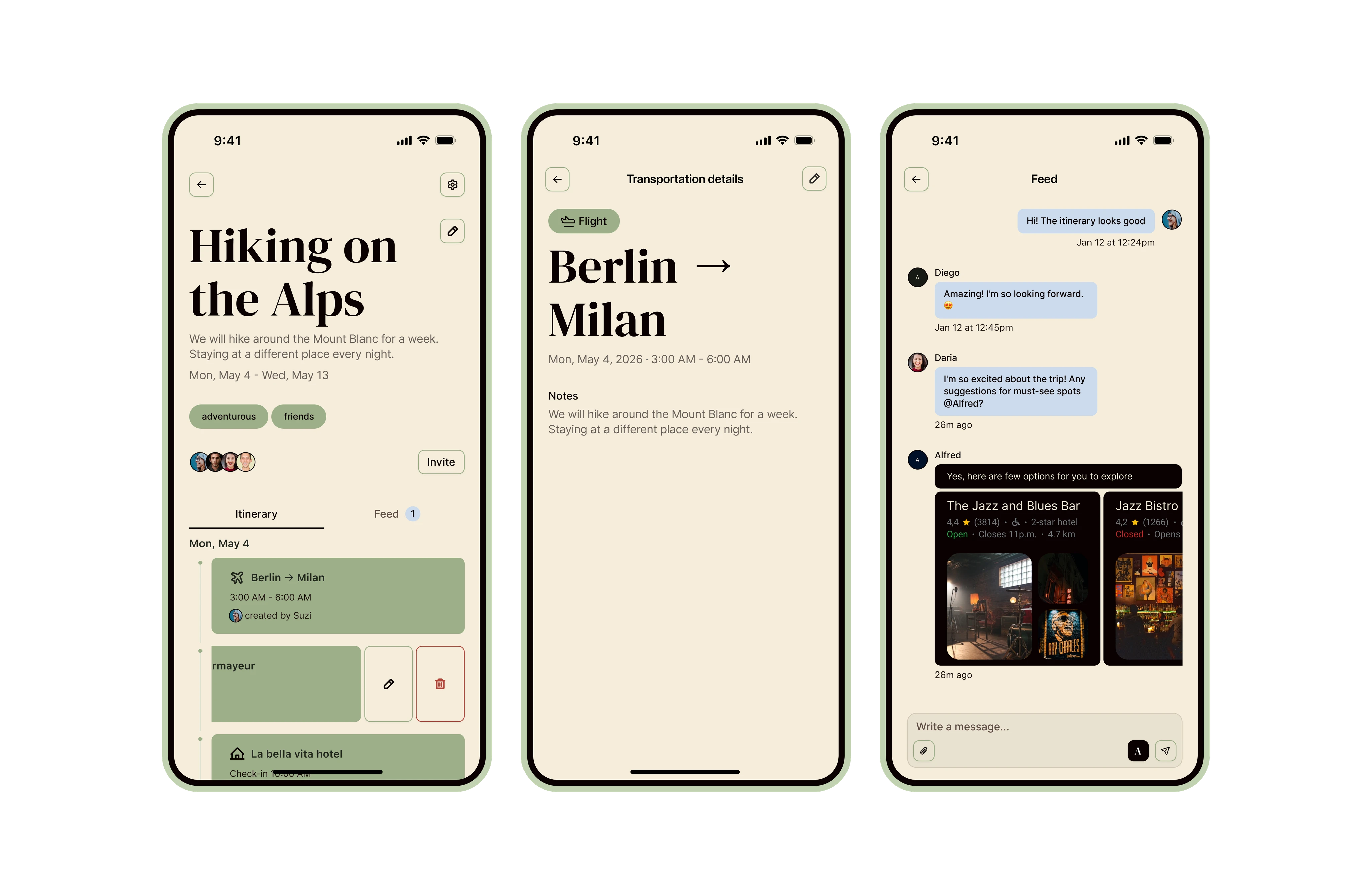 Alfred app screens with itinerary, logistics and group conversation