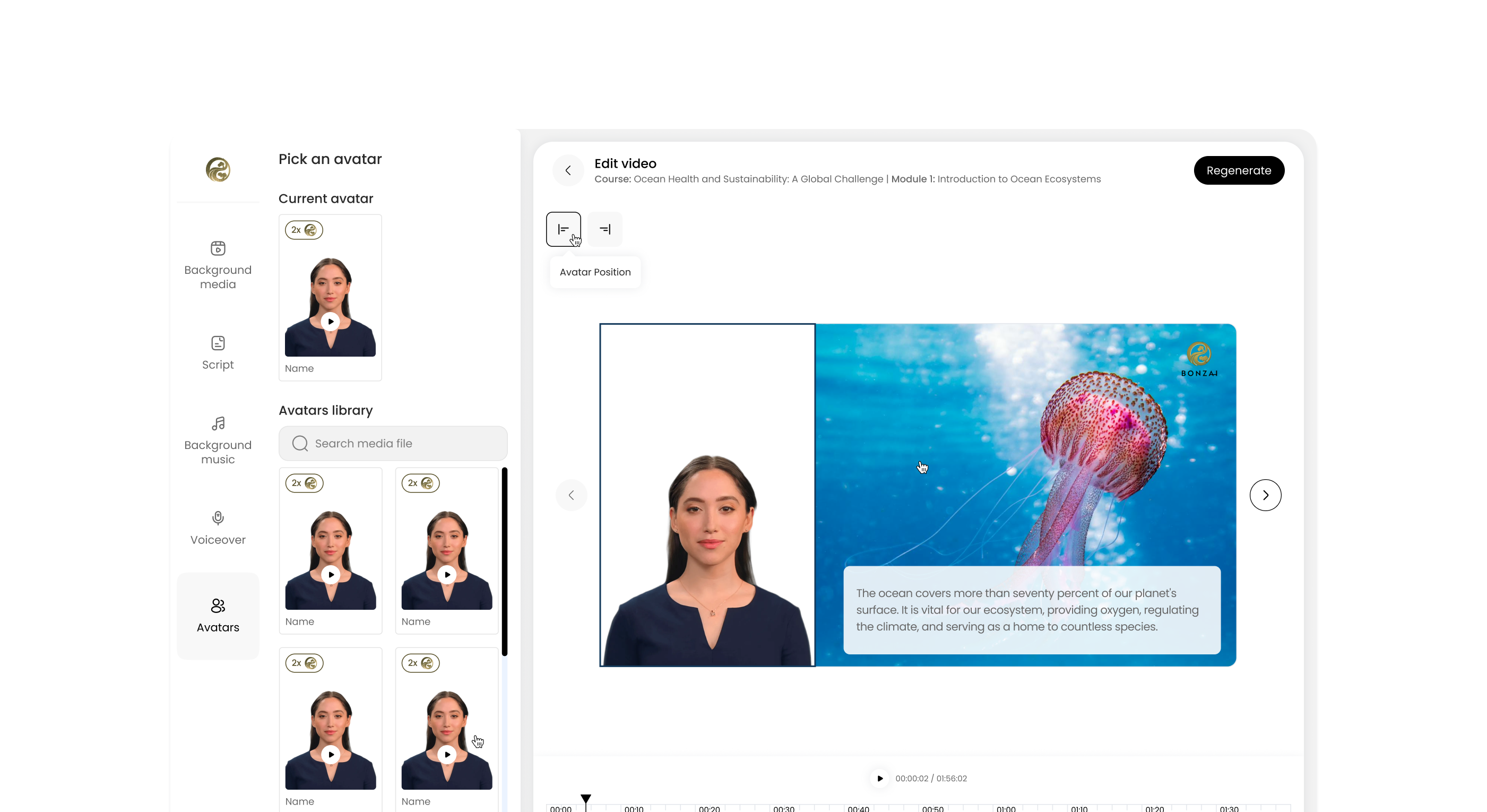 Video editor with avatar picker, preview and timeline